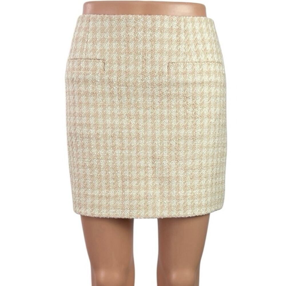 NEW Annie Bing Vanessa Cream Coral Wool Houndstooth Mini Pencil Skirt Size 30